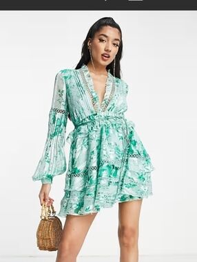 ASOS DESIGN lace insert mini dress with belt in satin stripe floral print